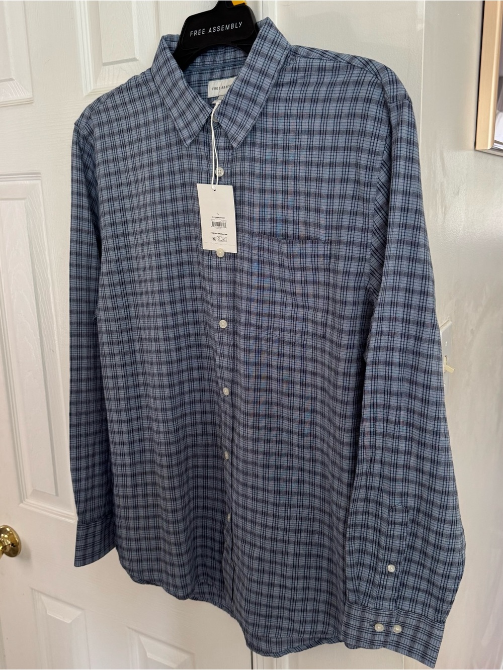 Free Assembly Men’s Linen Blend Plaid Button Down Shirt L Blue Relaxed Fit - Picture 8 of 16